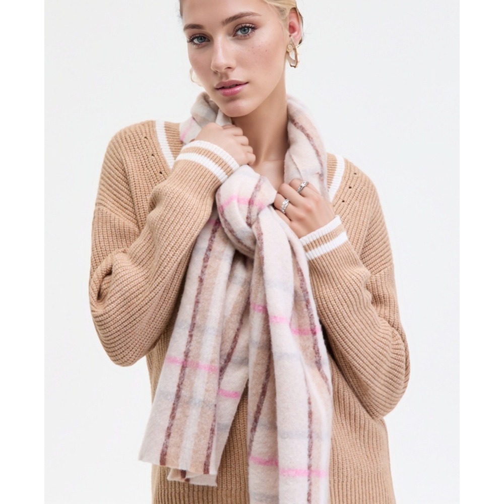 ON 34TH Womens Convertible Wrap Scarf OS Blush Neutral Plaid Cozy Coquette NWT